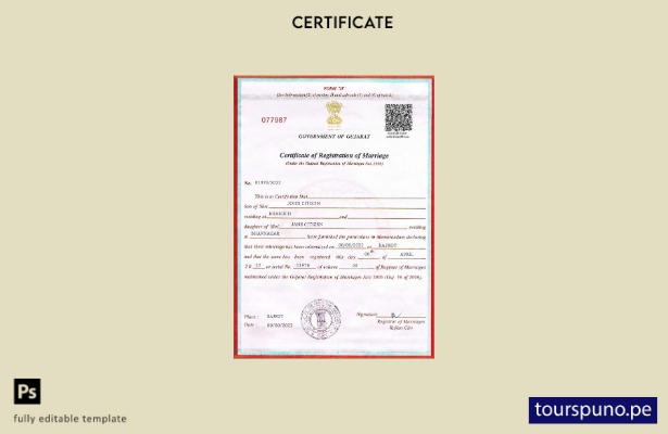 Plantilla de certificado de matrimonio del Gobierno de Gujarat de la India lista